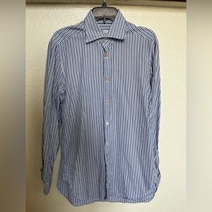 Kiton Men's Blue and White Striped Shirt